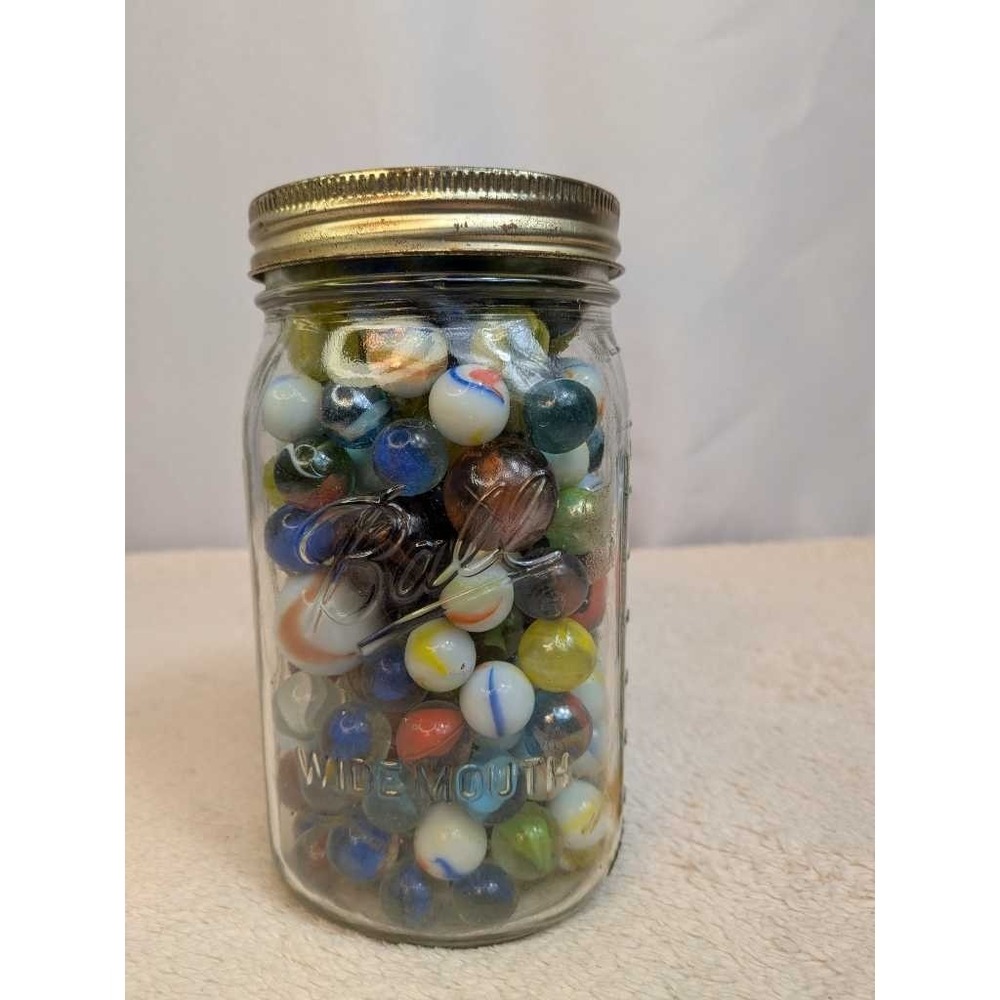 Vintage Glass Mason Jar Full Of Assorted Colorful Marble Collection‎